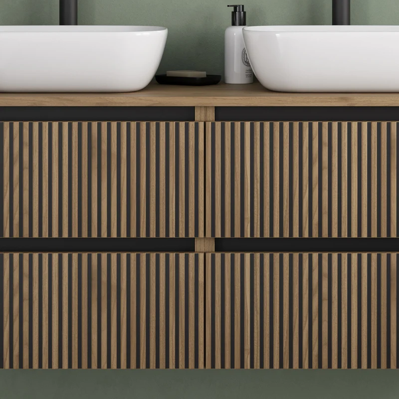 Meuble de salle de bain 120cm avec plateau et 2 vasques à poser arrondies - 4 tiroirs - VENERIA