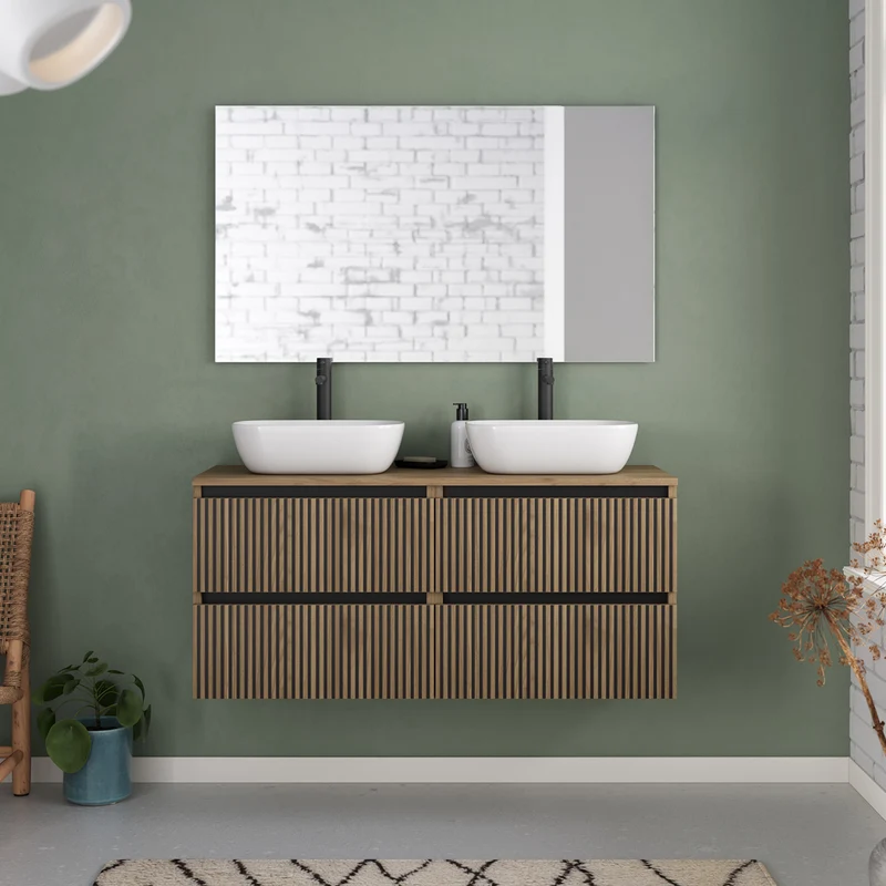 Meuble de salle de bain 120cm avec plateau et 2 vasques à poser arrondies - 4 tiroirs - VENERIA