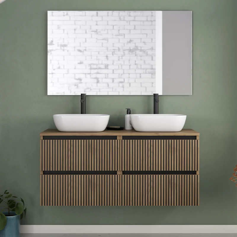 Meuble de salle de bain 120cm avec plateau et 2 vasques à poser arrondies - 4 tiroirs - VENERIA