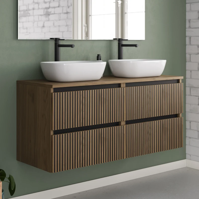 Meuble de salle de bain 120cm avec plateau et 2 vasques à poser arrondies - 4 tiroirs - VENERIA