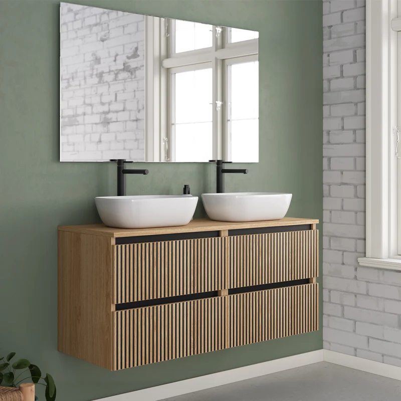Meuble de salle de bain 120cm avec plateau et 2 vasques à poser arrondies - 4 tiroirs - VENERIA