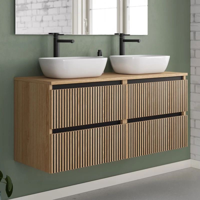Meuble de salle de bain 120cm avec plateau et 2 vasques à poser arrondies - 4 tiroirs - VENERIA