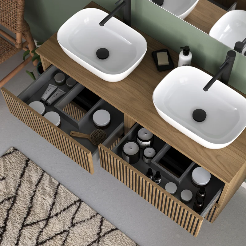 Meuble de salle de bain 120cm avec plateau et 2 vasques à poser arrondies - 4 tiroirs - VENERIA