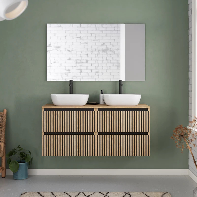 Meuble de salle de bain 120cm avec plateau et 2 vasques à poser arrondies - 4 tiroirs - VENERIA