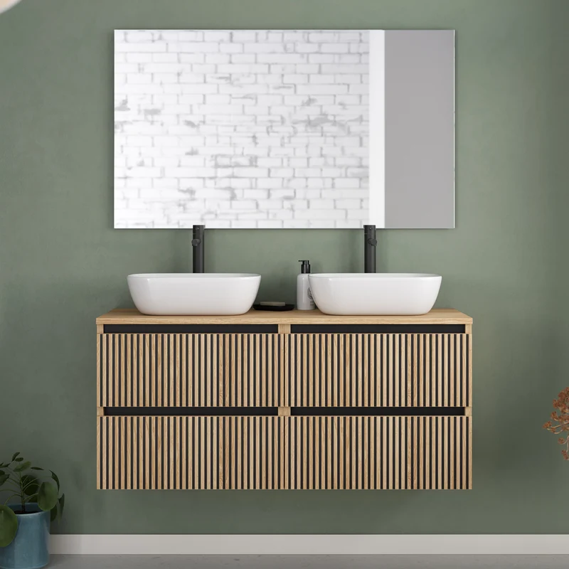 Meuble de salle de bain 120cm avec plateau et 2 vasques à poser arrondies - 4 tiroirs - VENERIA