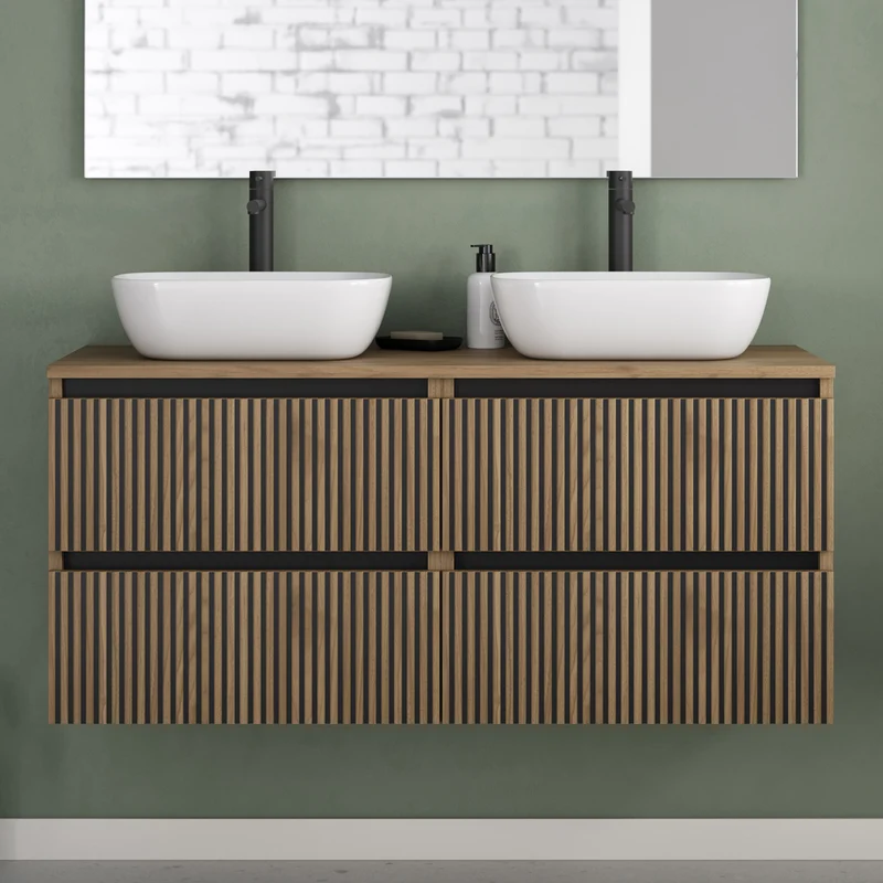 Meuble de salle de bain 120cm avec plateau et 2 vasques à poser arrondies - 4 tiroirs - VENERIA
