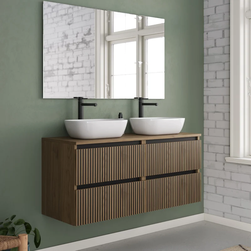 Meuble de salle de bain 120cm avec plateau et 2 vasques à poser arrondies - 4 tiroirs - VENERIA