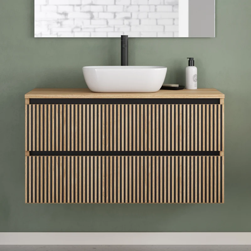 Meuble de salle de bain 100cm avec plateau et vasque à poser arrondie - 2 tiroirs - VENERIA