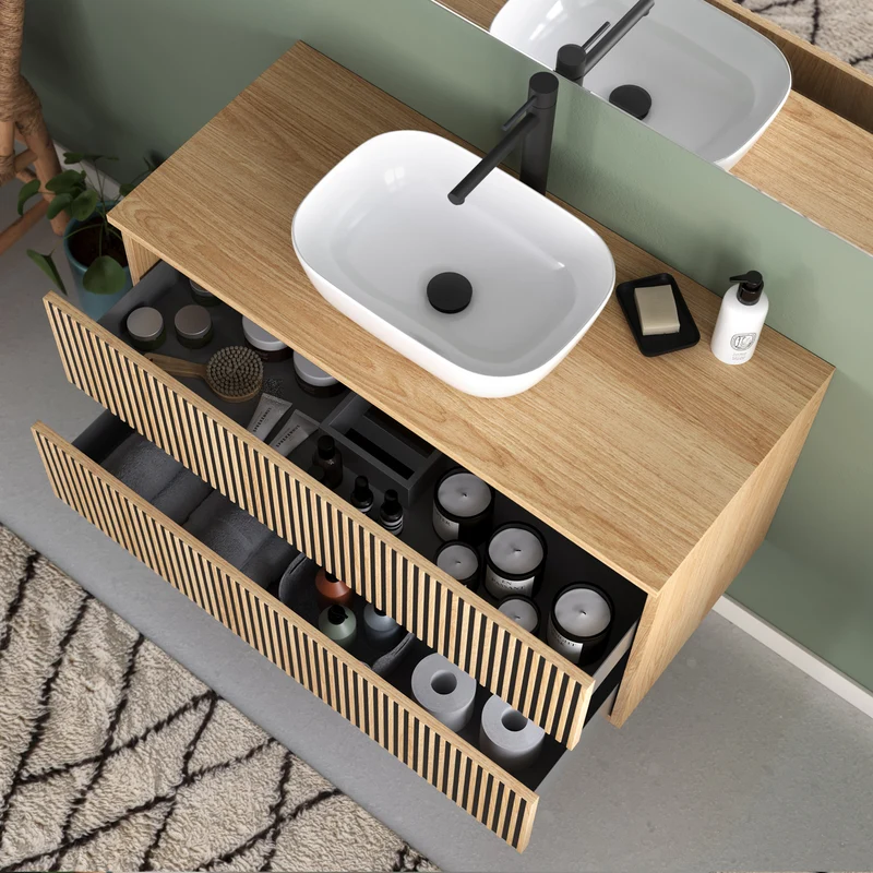 Meuble de salle de bain 100cm avec plateau et vasque à poser arrondie - 2 tiroirs - VENERIA