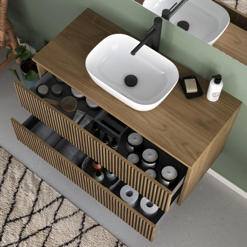 Meuble de salle de bain 100cm avec plateau et vasque à poser arrondie - 2 tiroirs - VENERIA