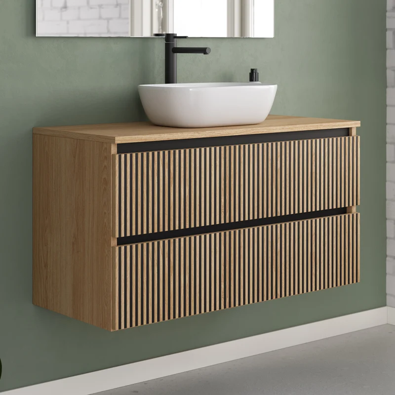 Meuble de salle de bain 100cm avec plateau et vasque à poser arrondie - 2 tiroirs - VENERIA