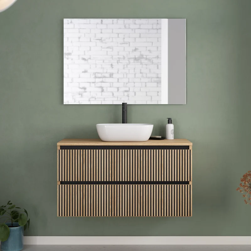 Meuble de salle de bain 100cm avec plateau et vasque à poser arrondie - 2 tiroirs - VENERIA
