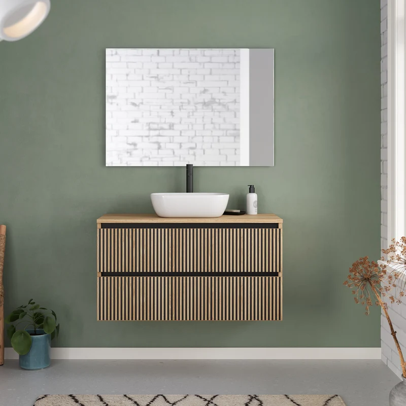 Meuble de salle de bain 100cm avec plateau et vasque à poser arrondie - 2 tiroirs - VENERIA
