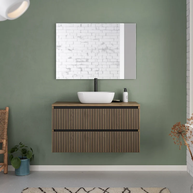 Meuble de salle de bain 100cm avec plateau et vasque à poser arrondie - 2 tiroirs - VENERIA