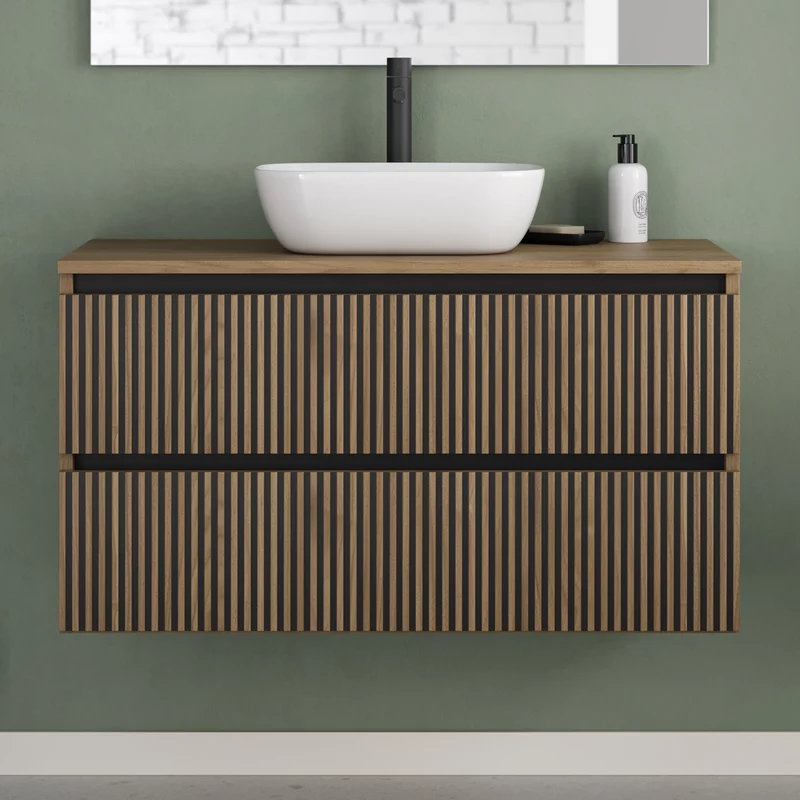 Meuble de salle de bain 100cm avec plateau et vasque à poser arrondie - 2 tiroirs - VENERIA