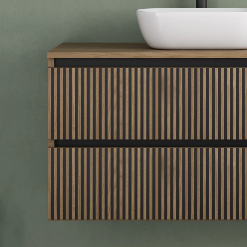 Meuble de salle de bain 100cm avec plateau et vasque à poser arrondie - 2 tiroirs - VENERIA
