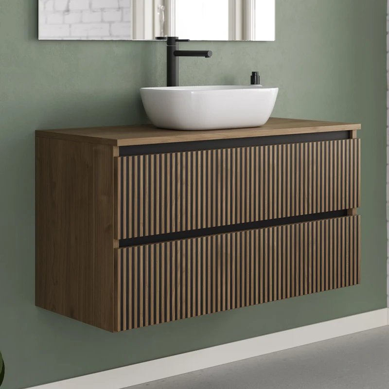 Meuble de salle de bain 100cm avec plateau et vasque à poser arrondie - 2 tiroirs - VENERIA