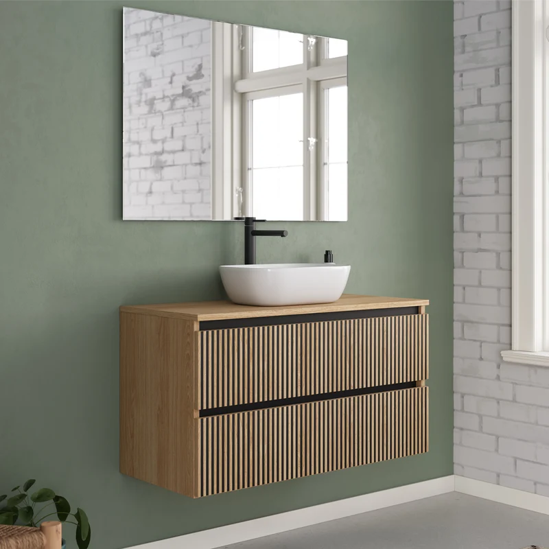Meuble de salle de bain 100cm avec plateau et vasque à poser arrondie - 2 tiroirs - VENERIA