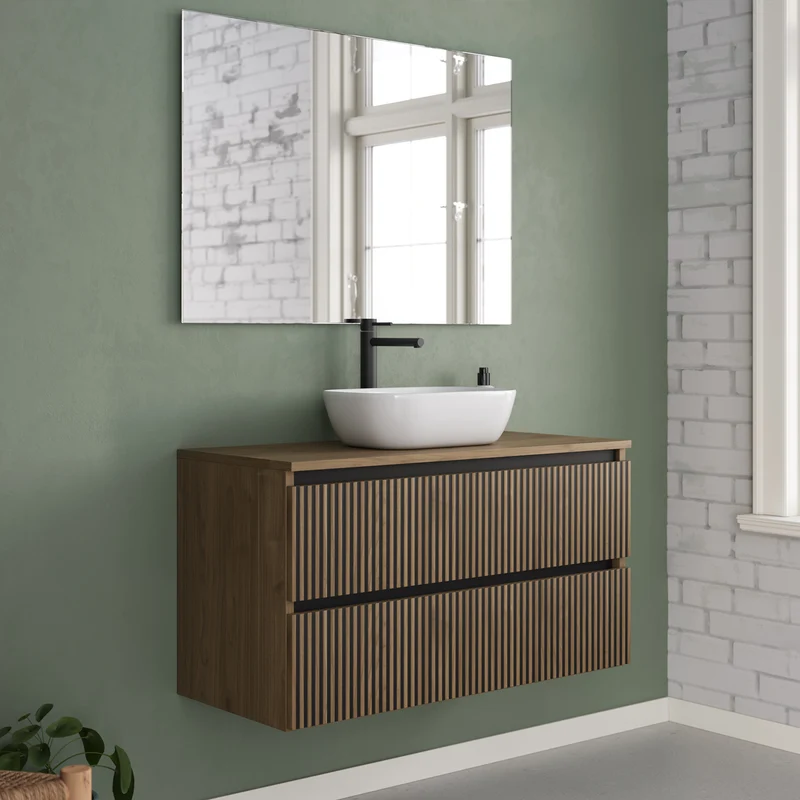 Meuble de salle de bain 100cm avec plateau et vasque à poser arrondie - 2 tiroirs - VENERIA