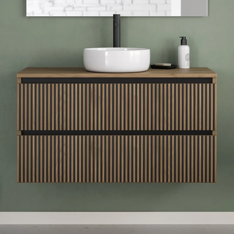 Meuble de salle de bain 90cm avec plateau et vasque à poser ronde - 2 tiroirs - VENERIA