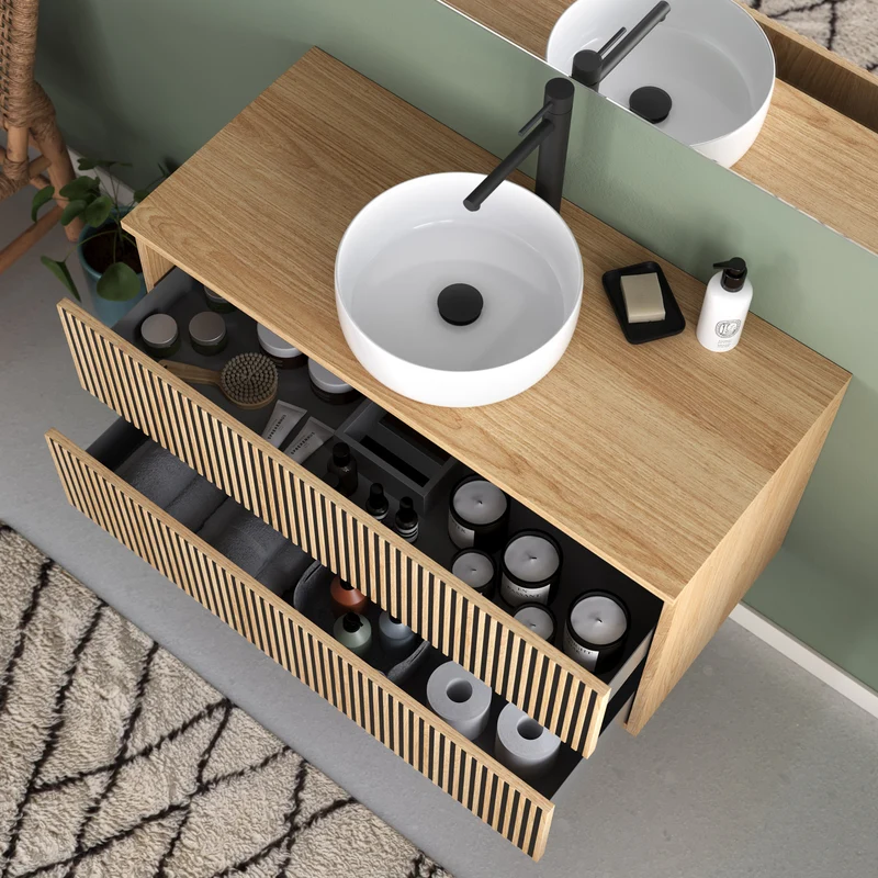 Meuble de salle de bain 90cm avec plateau et vasque à poser ronde - 2 tiroirs - VENERIA