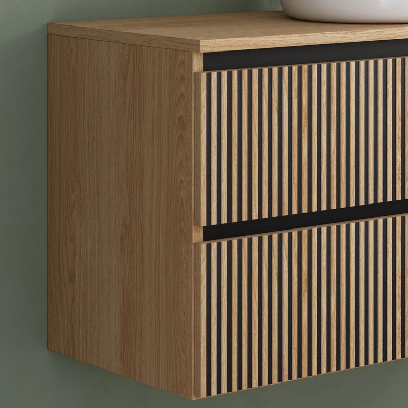 Meuble de salle de bain 90cm avec plateau et vasque à poser ronde - 2 tiroirs - VENERIA