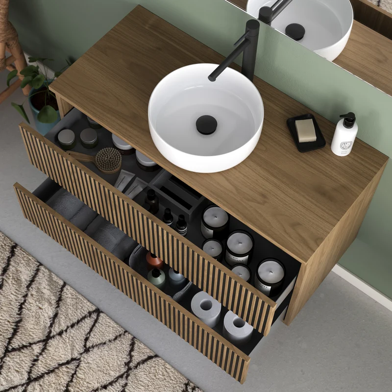 Meuble de salle de bain 90cm avec plateau et vasque à poser ronde - 2 tiroirs - VENERIA