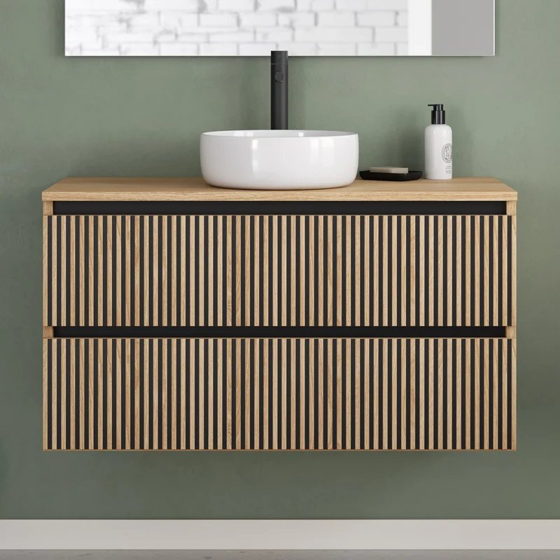 Meuble de salle de bain 90cm avec plateau et vasque à poser ronde - 2 tiroirs - VENERIA