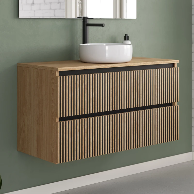 Meuble de salle de bain 90cm avec plateau et vasque à poser ronde - 2 tiroirs - VENERIA