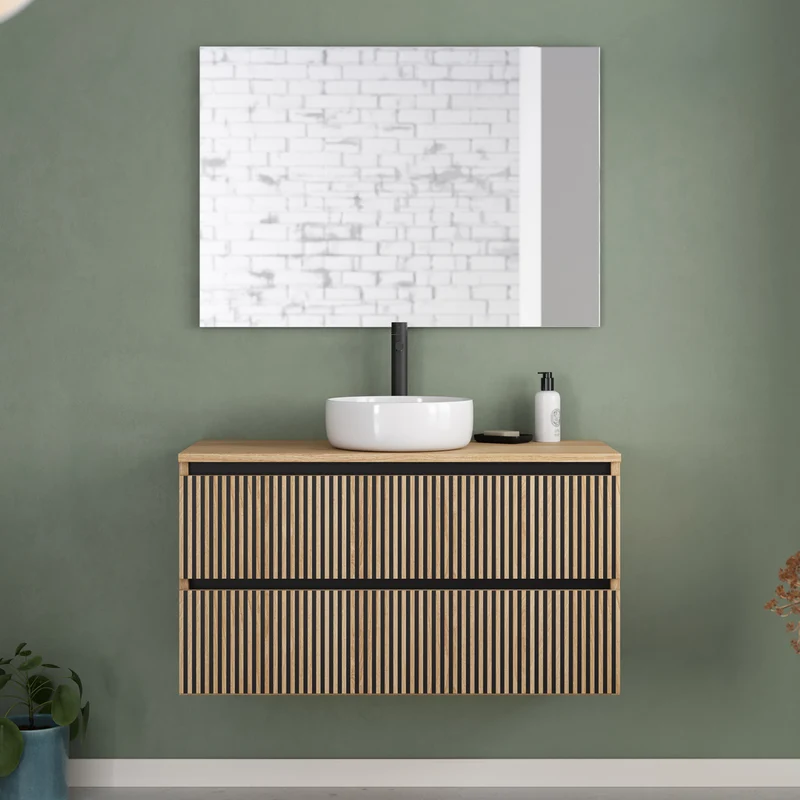 Meuble de salle de bain 90cm avec plateau et vasque à poser ronde - 2 tiroirs - VENERIA