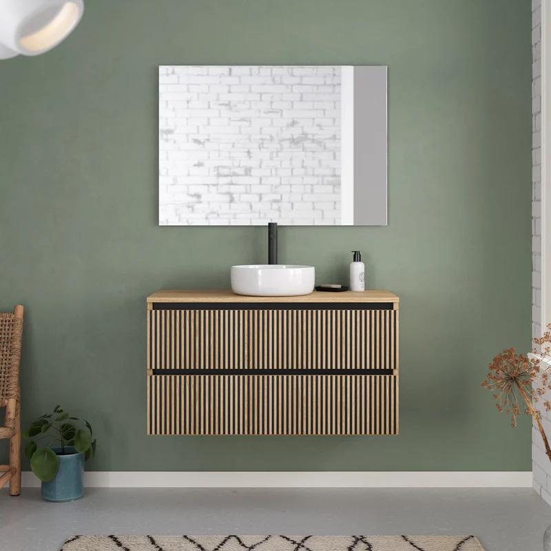 Meuble de salle de bain 90cm avec plateau et vasque à poser ronde - 2 tiroirs - VENERIA