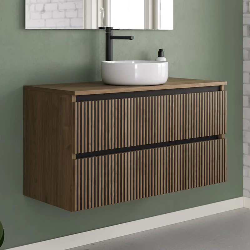 Meuble de salle de bain 90cm avec plateau et vasque à poser ronde - 2 tiroirs - VENERIA