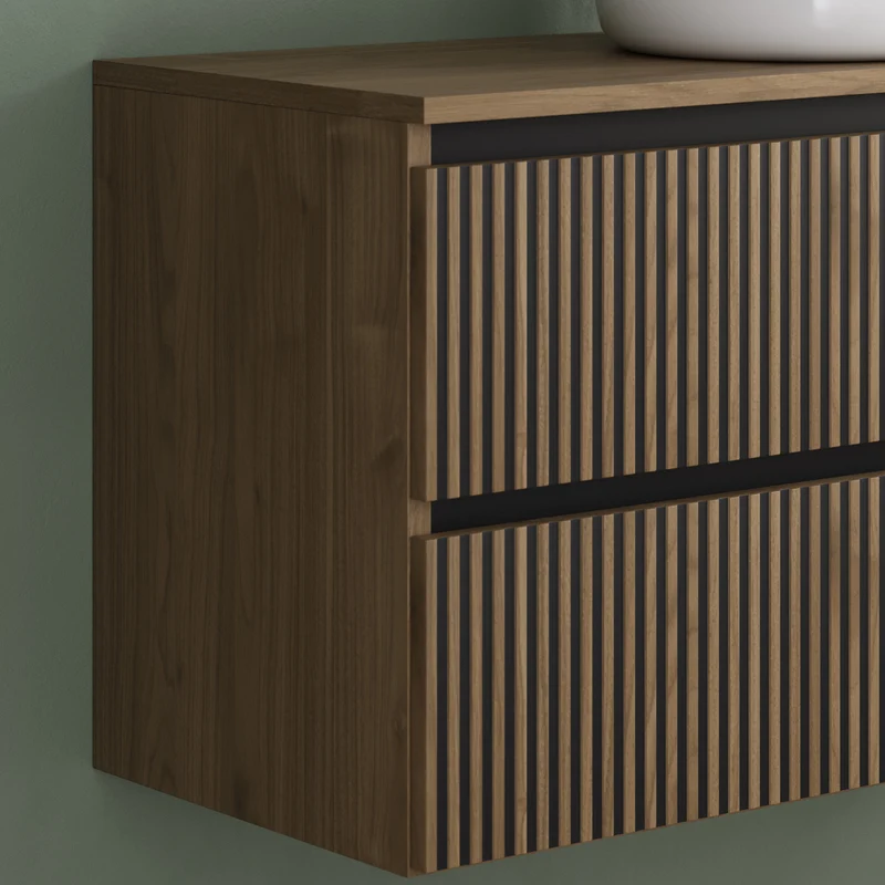 Meuble de salle de bain 90cm avec plateau et vasque à poser ronde - 2 tiroirs - VENERIA