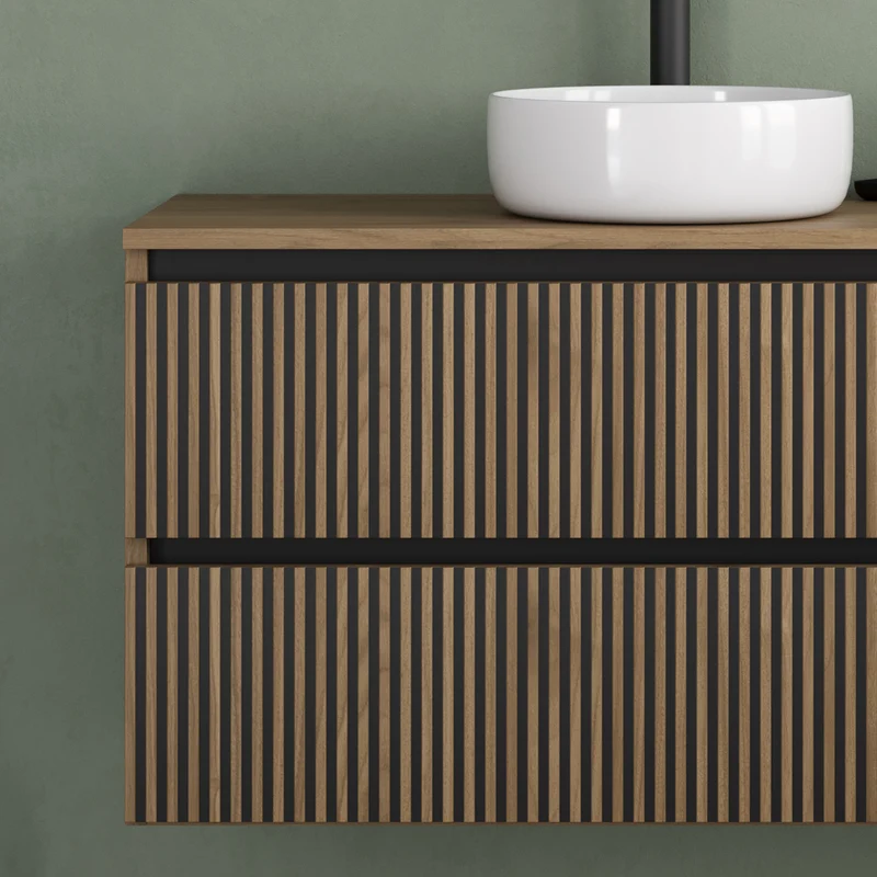 Meuble de salle de bain 90cm avec plateau et vasque à poser ronde - 2 tiroirs - VENERIA