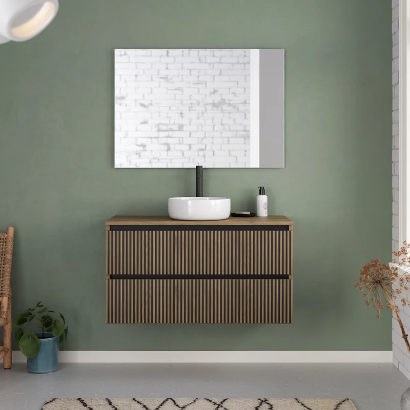 Meuble de salle de bain 90cm avec plateau et vasque à poser ronde - 2 tiroirs - VENERIA