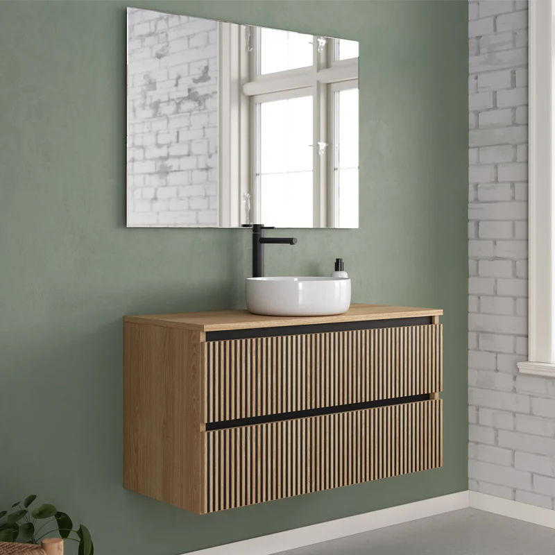 Meuble de salle de bain 90cm avec plateau et vasque à poser ronde - 2 tiroirs - VENERIA