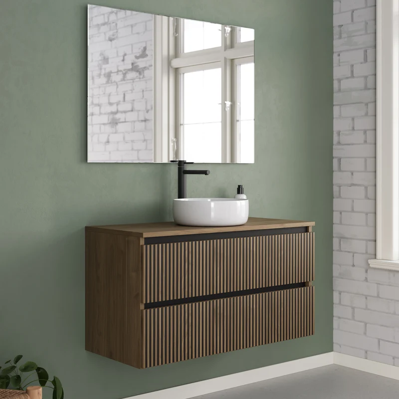 Meuble de salle de bain 90cm avec plateau et vasque à poser ronde - 2 tiroirs - VENERIA