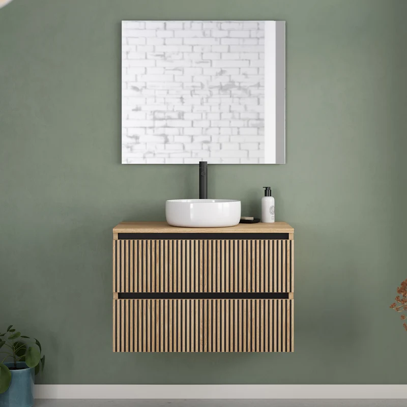 Meuble de salle de bain 80cm avec plateau et vasque à poser ronde - 2 tiroirs - VENERIA