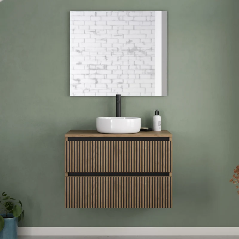 Meuble de salle de bain 80cm avec plateau et vasque à poser ronde - 2 tiroirs - VENERIA