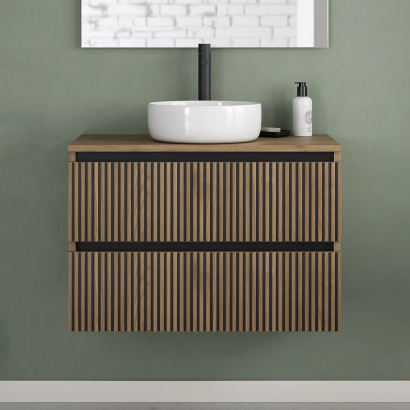 Meuble de salle de bain 80cm avec plateau et vasque à poser ronde - 2 tiroirs - sans miroir - VENERIA