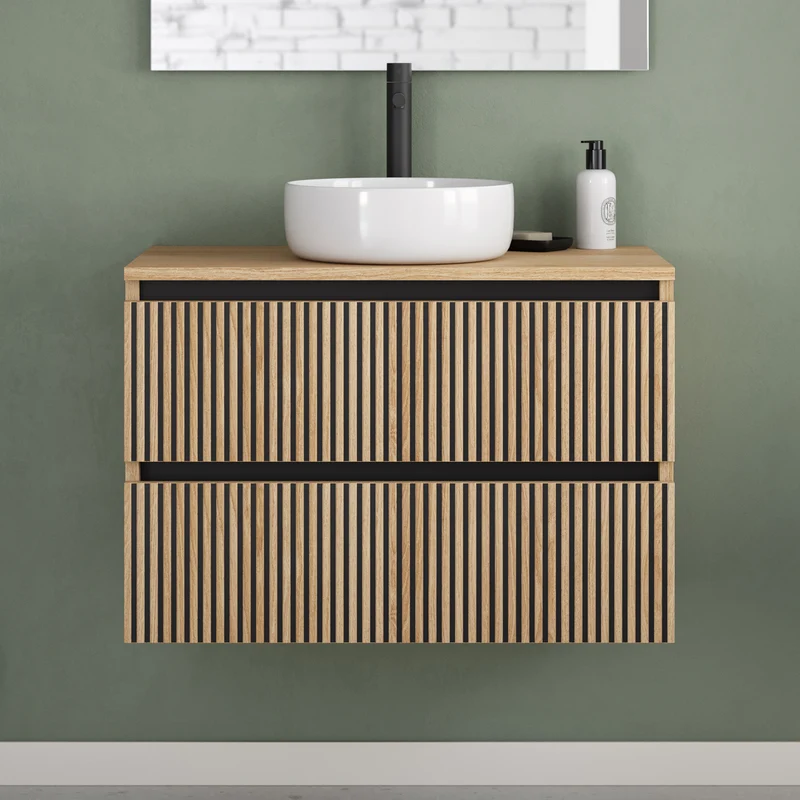 Meuble de salle de bain 80cm avec plateau et vasque à poser ronde - 2 tiroirs - sans miroir - VENERIA