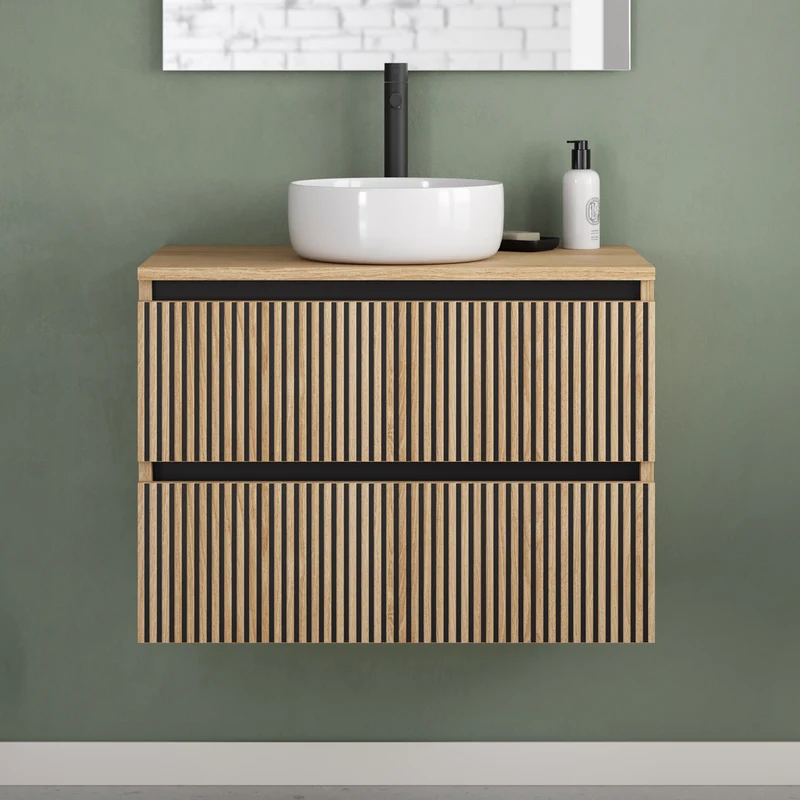Meuble de salle de bain 60cm avec plateau et vasque à poser ronde - 2 tiroirs - sans miroir - VENERIA