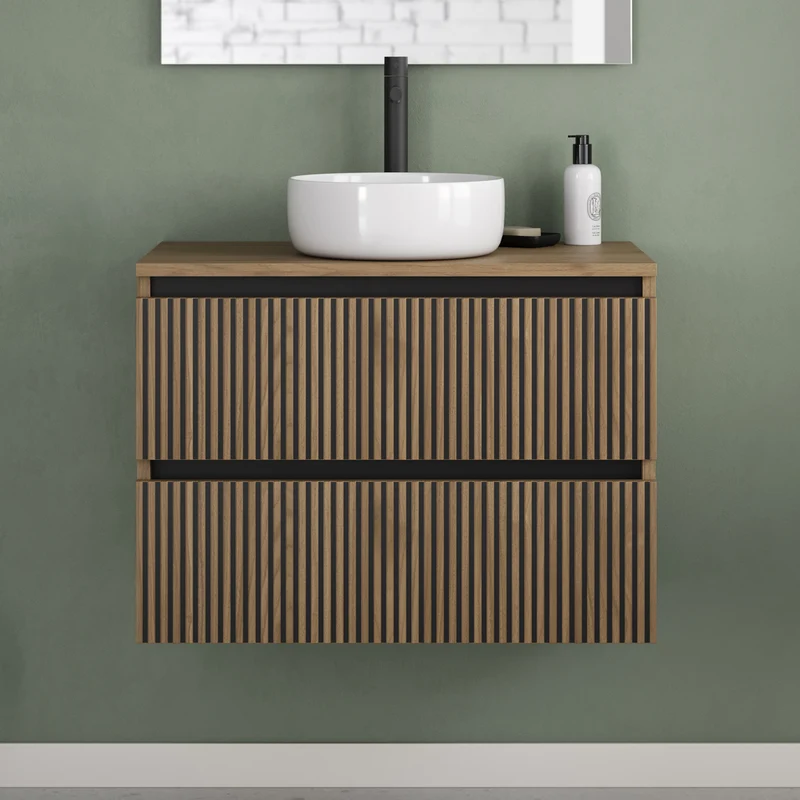 Meuble de salle de bain 60cm avec plateau et vasque à poser ronde - 2 tiroirs - sans miroir - VENERIA