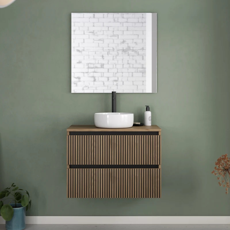 Meuble de salle de bain 70cm avec plateau et vasque à poser ronde - 2 tiroirs - VENERIA