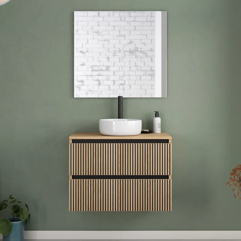 Meuble de salle de bain 70cm avec plateau et vasque à poser ronde - 2 tiroirs - VENERIA