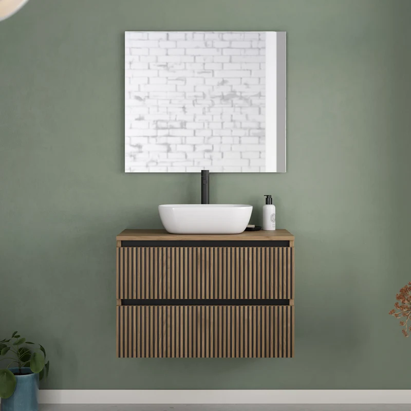 Meuble de salle de bain 80cm avec plateau et vasque à poser arrondie - 2 tiroirs - VENERIA
