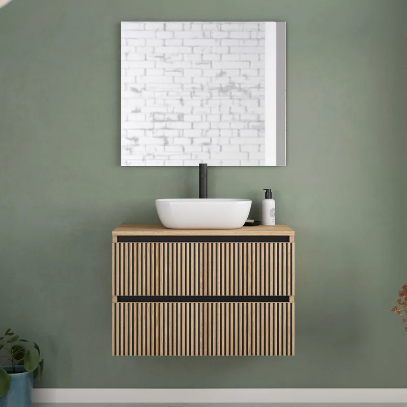 Meuble de salle de bain 80cm avec plateau et vasque à poser arrondie - 2 tiroirs - VENERIA
