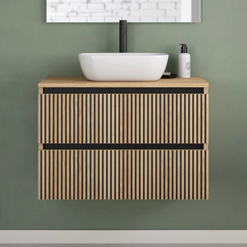 Meuble de salle de bain 80cm avec plateau et vasque à poser arrondie - 2 tiroirs - sans miroir - VENERIA