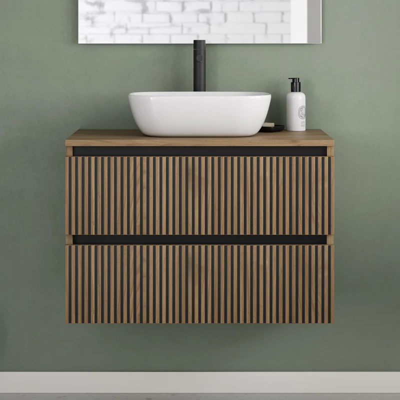 Meuble de salle de bain 80cm avec plateau et vasque à poser arrondie - 2 tiroirs - sans miroir - VENERIA