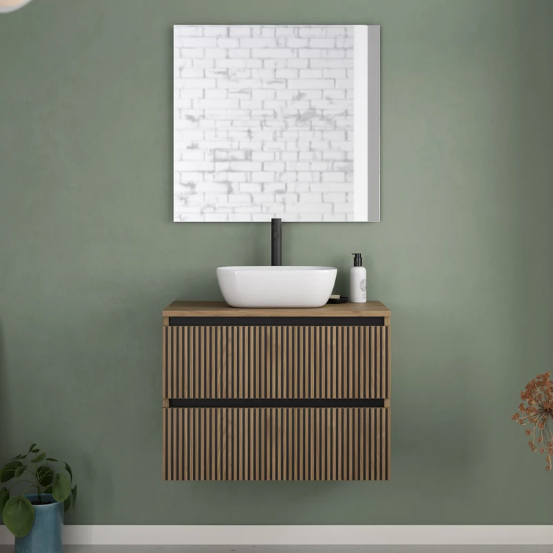 Meuble de salle de bain 60cm avec plateau et vasque à poser arrondie - 2 tiroirs - VENERIA
